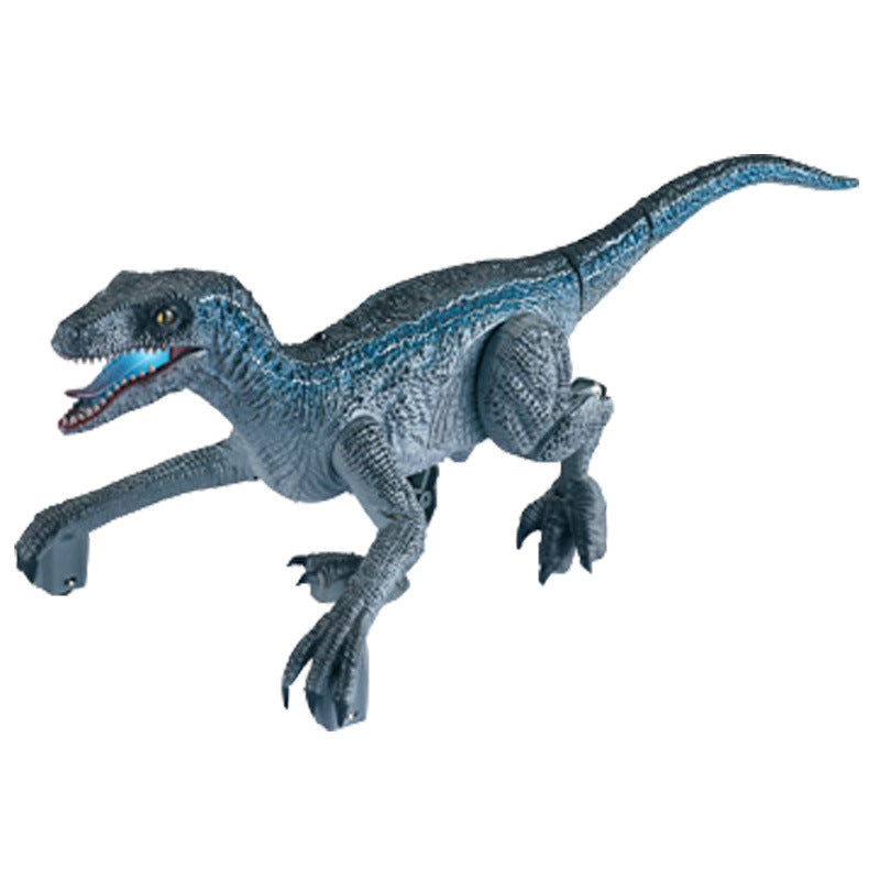 Blue remote-control raptor dinosaur toy with realistic scales and 3D eyes