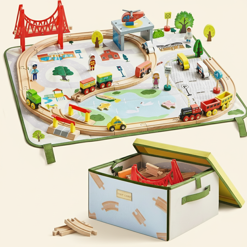 Tiny Land 110-Piece Wooden Train Set with Folding Storage Box — product image 1 of 10