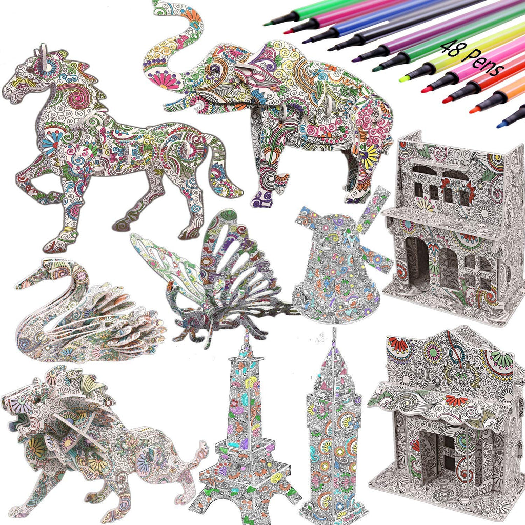 3D Coloring Puzzle Set for Kids, 10 Models & 48 Gel Pens
