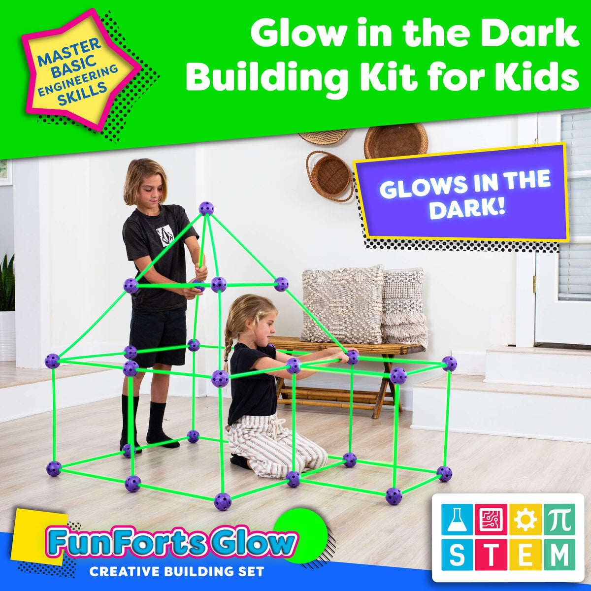 HUGH Glow-in-the-Dark Fort Building Kit, 81-Piece STEM Set
