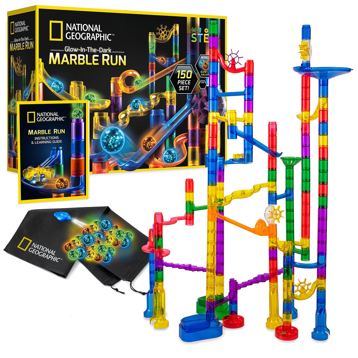 150-Piece Glow-in-the-Dark Marble Run STEM Kit with UV Light, Ages 8+