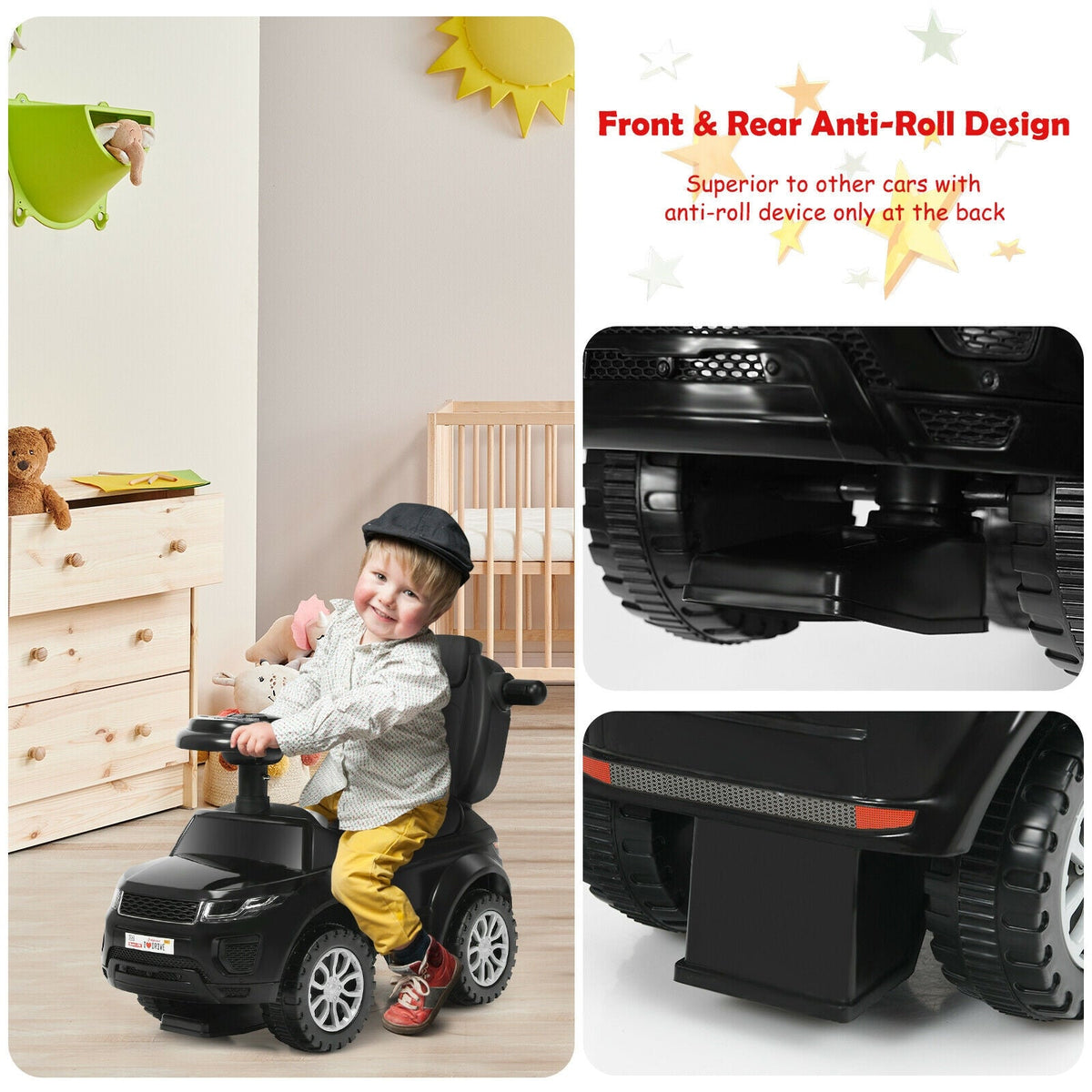 3 in 1 Ride on Push Car Toddler Stroller Sliding Car with Music-Black
