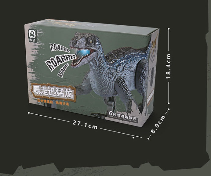 Close-up of the realistic head and 3D eyes of the RC raptor dinosaur