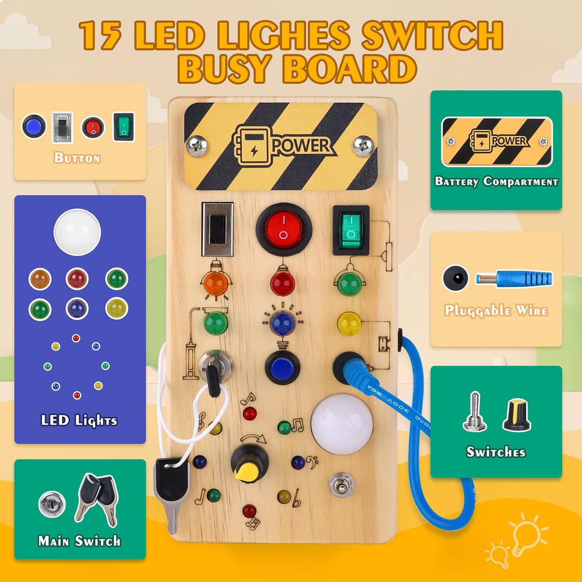 Montessori LED Busy Board for Toddlers with 8 Light Switches - product photo