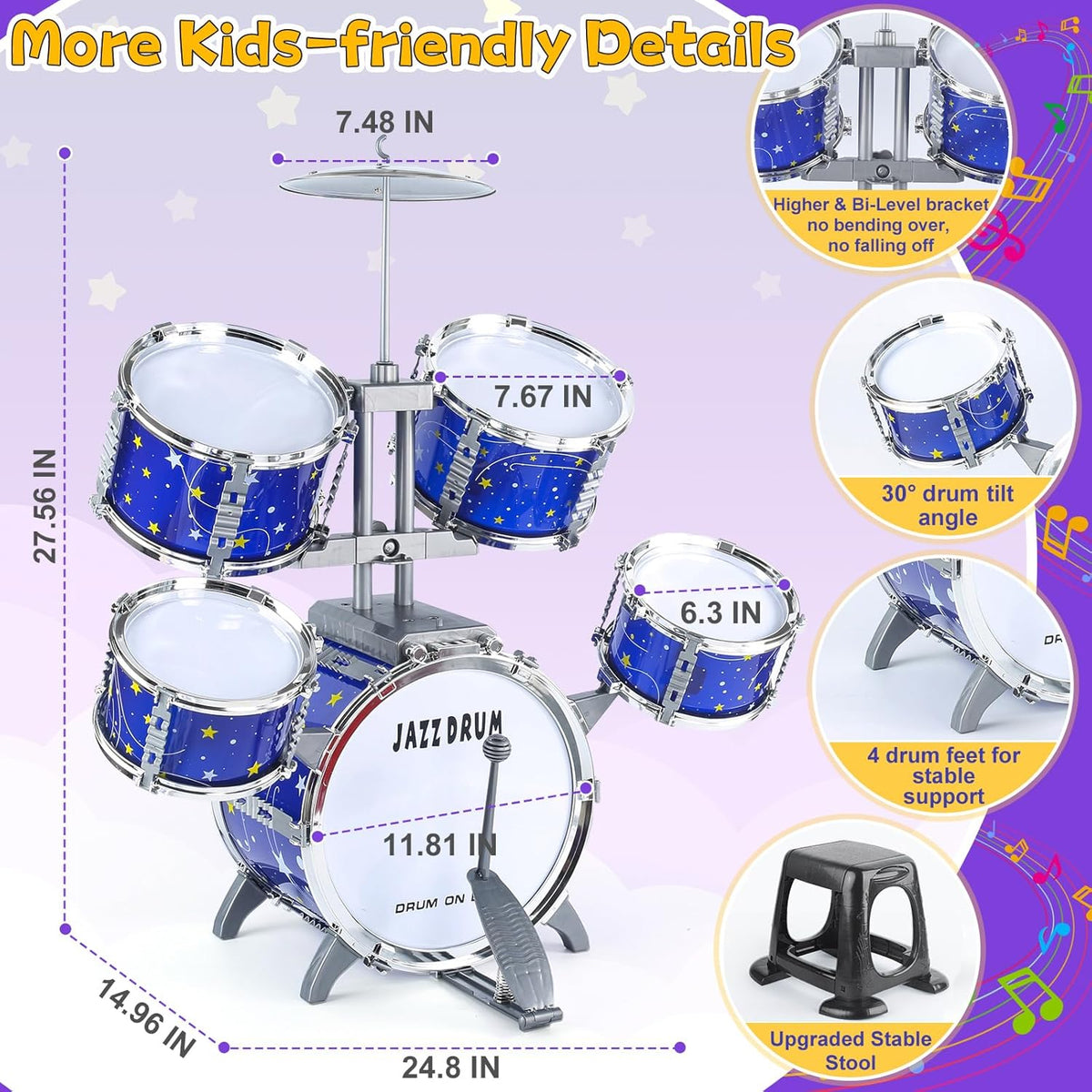 Kids Jazz Drum Set with 5 Drums, Cymbal, Stool & Pedal