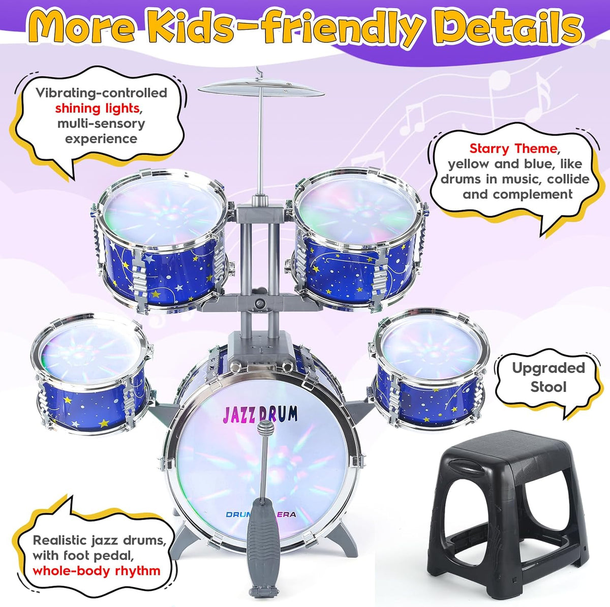 Kids Jazz Drum Set with 5 Drums, Cymbal, Stool & Pedal