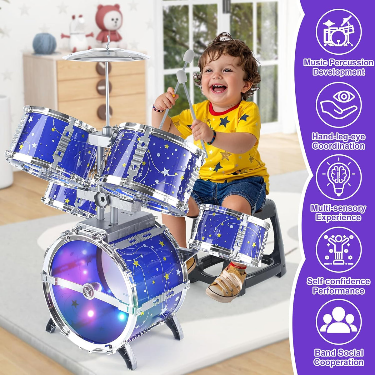 Kids Jazz Drum Set with 5 Drums, Cymbal, Stool & Pedal