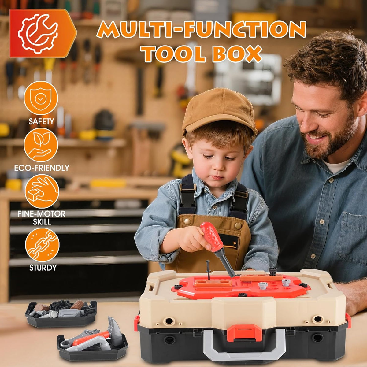 Little Builder Workbench STEM Workshop with Electric Drill Tool Box 83 Piece Construction Set