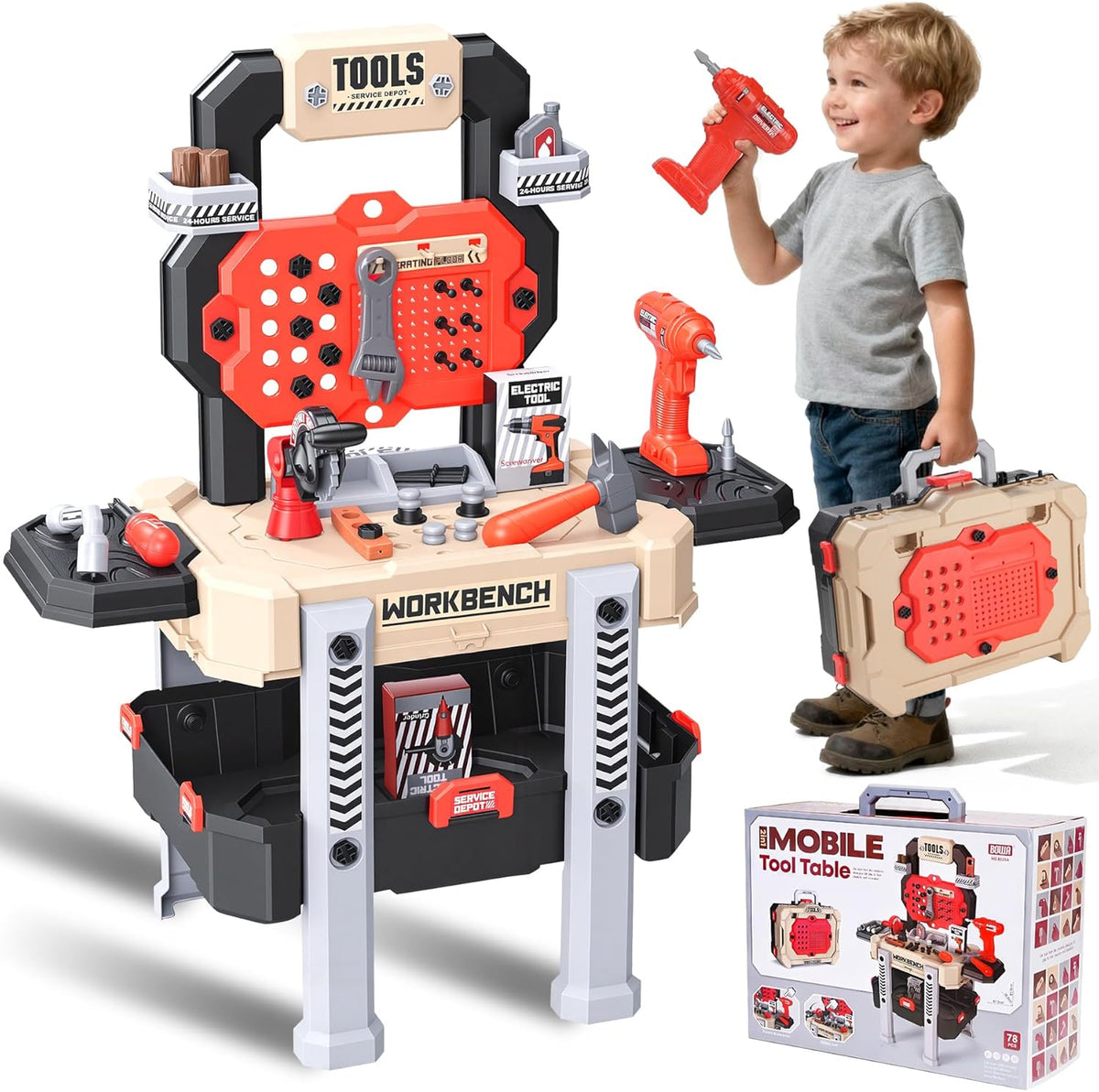 Little Builder Workbench STEM Workshop with Electric Drill Tool Box 83 Piece Construction Set