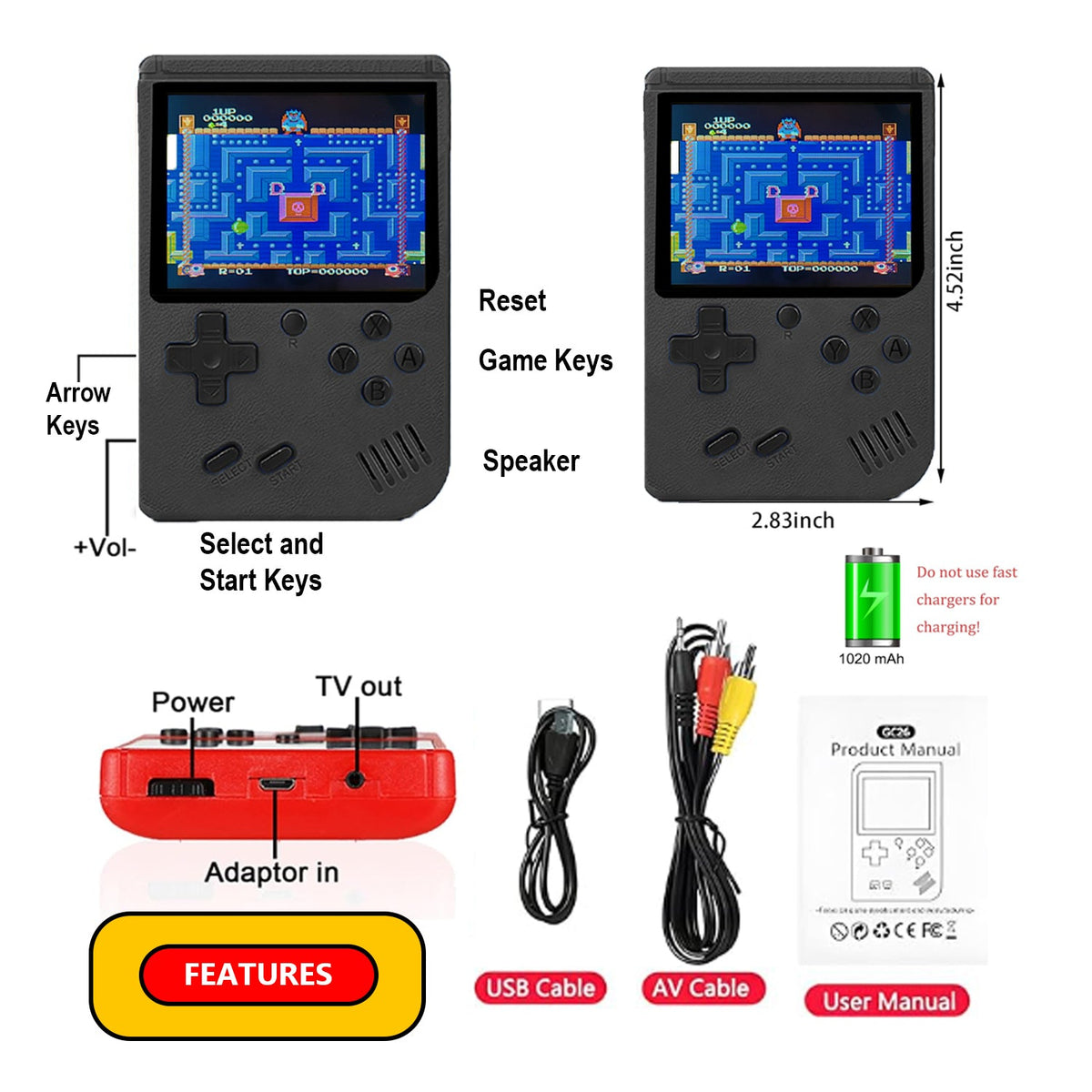 Handheld Retro Video Game Console, 400 Games, Rechargeable, Black - product photo