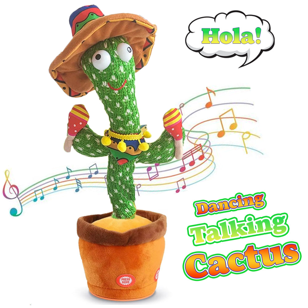 Dancing cactus plush in a sombrero and poncho with Hola speech bubble and music notes.