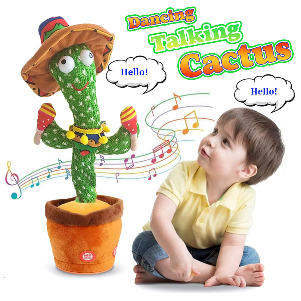 Dancing cactus plush in a sombrero with maracas beside a toddler, with Hello speech bubbles.