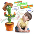 Dancing cactus plush in a sombrero with maracas beside a toddler, with Hello speech bubbles.