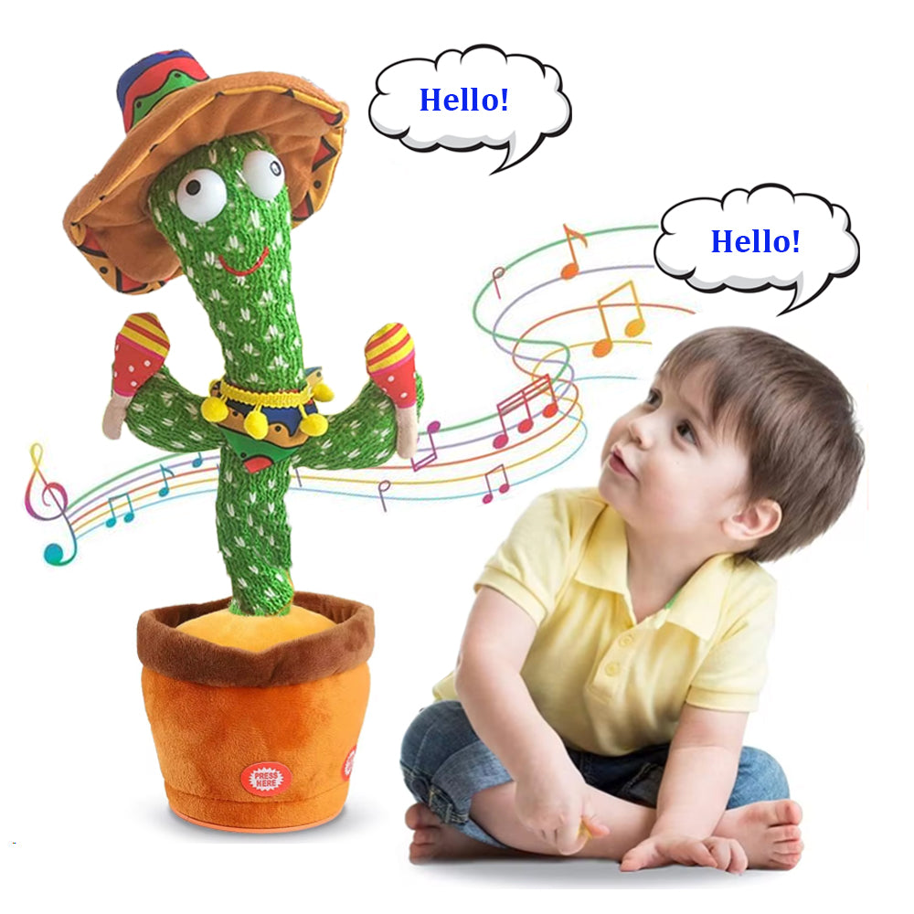 Close-up of the dancing cactus plush with a toddler repeating Hello back and forth.
