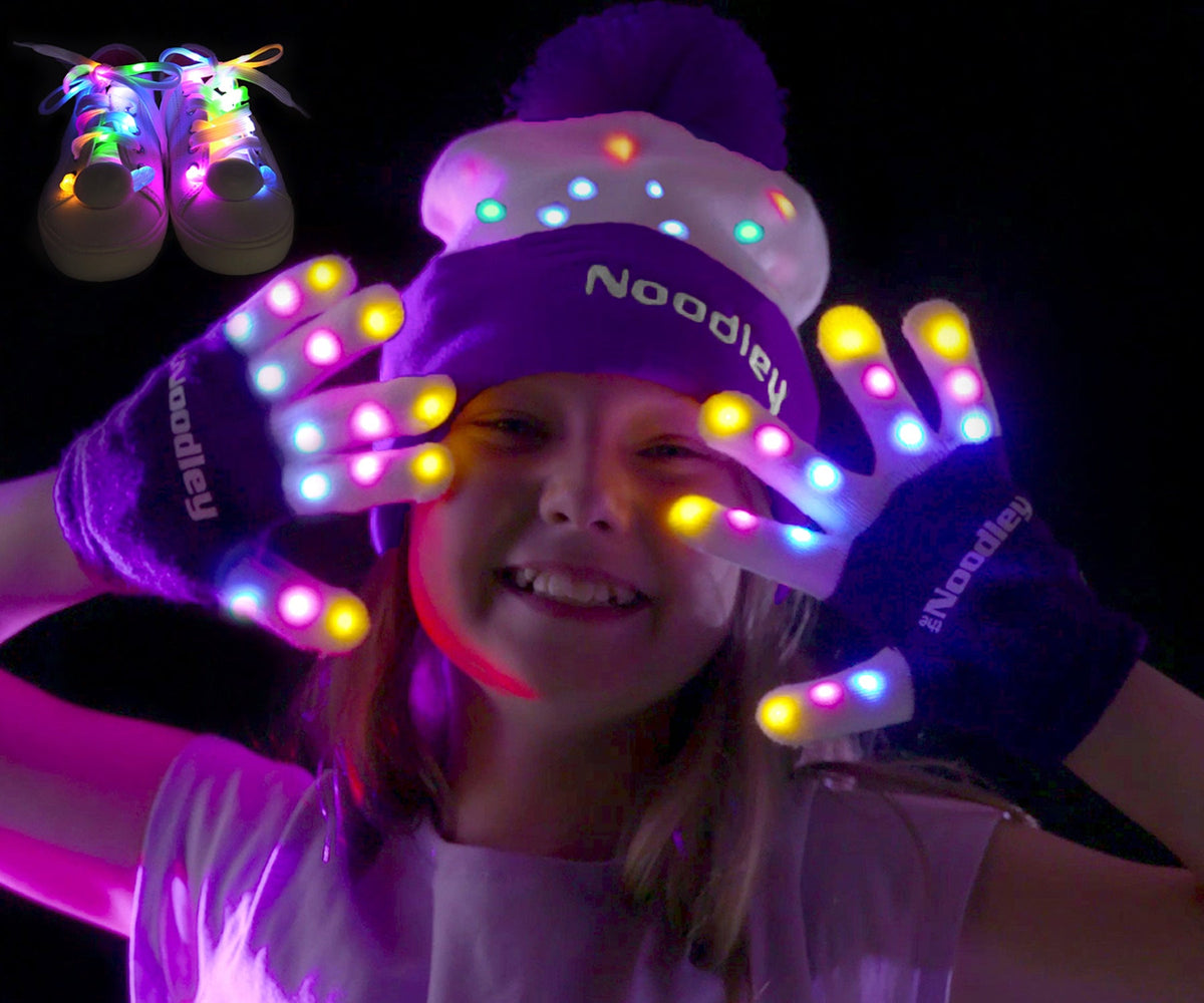 Purple LED Light-Up Gift Set: Gloves, 45-Inch Shoe Laces & Beanie - product photo