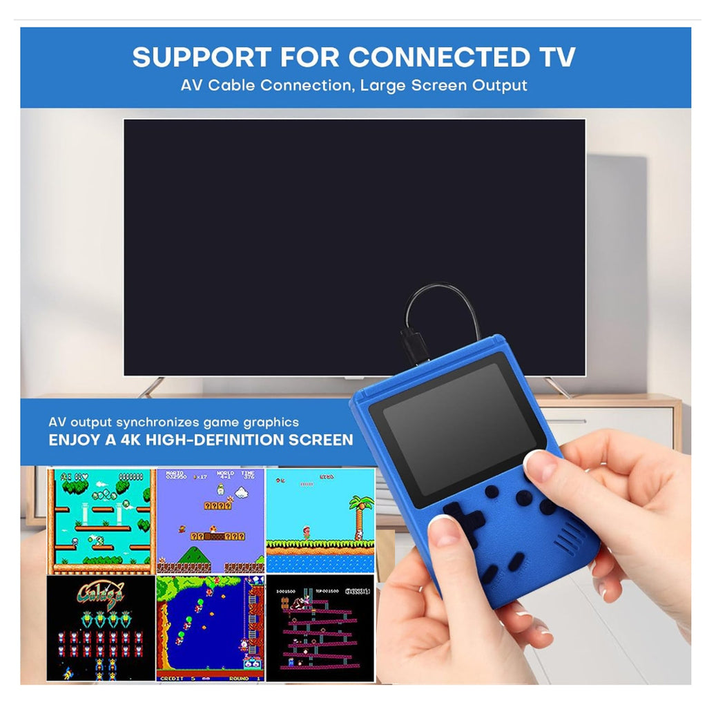 Blue handheld console connected to a TV with AV cable, showing retro game screenshots.
