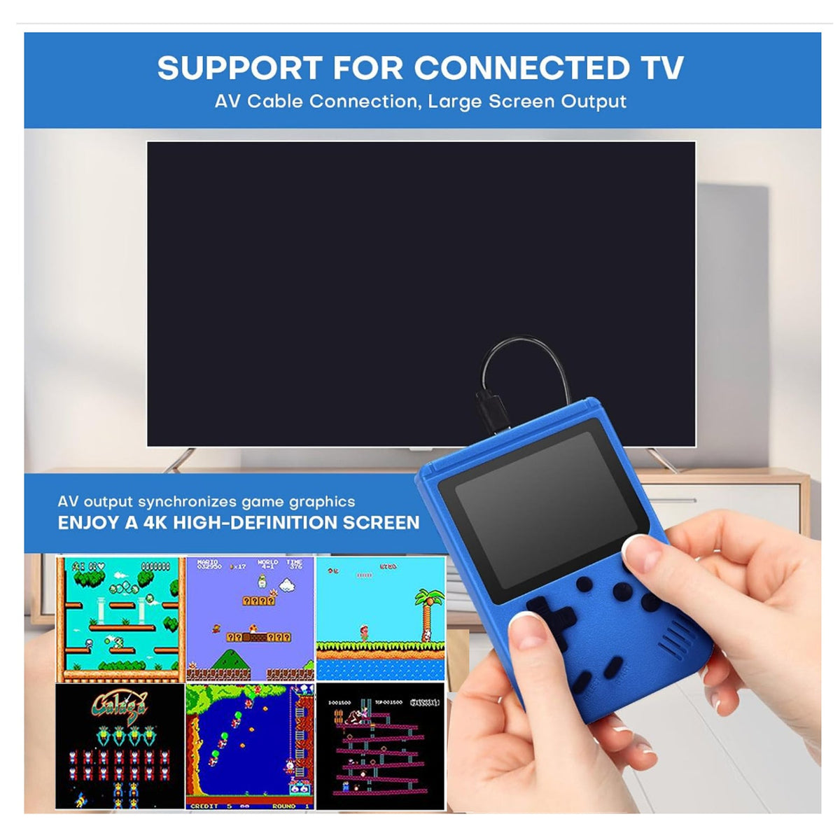 Blue handheld console connected to a TV with AV cable, showing retro game screenshots.