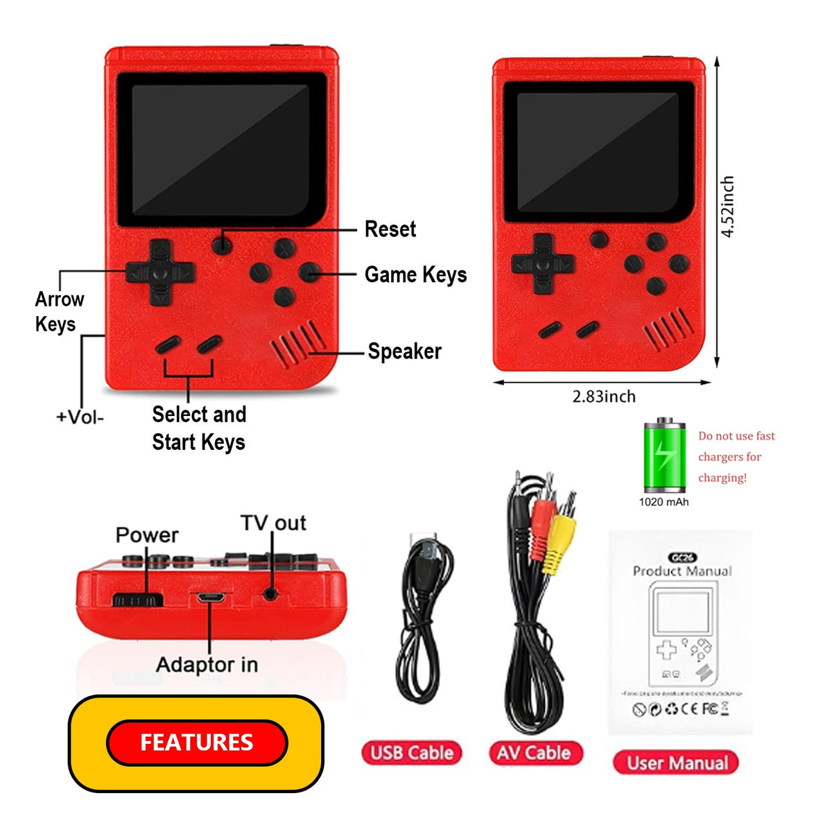 Red handheld console diagram labeling arrow keys, game keys, speaker, select and start keys.