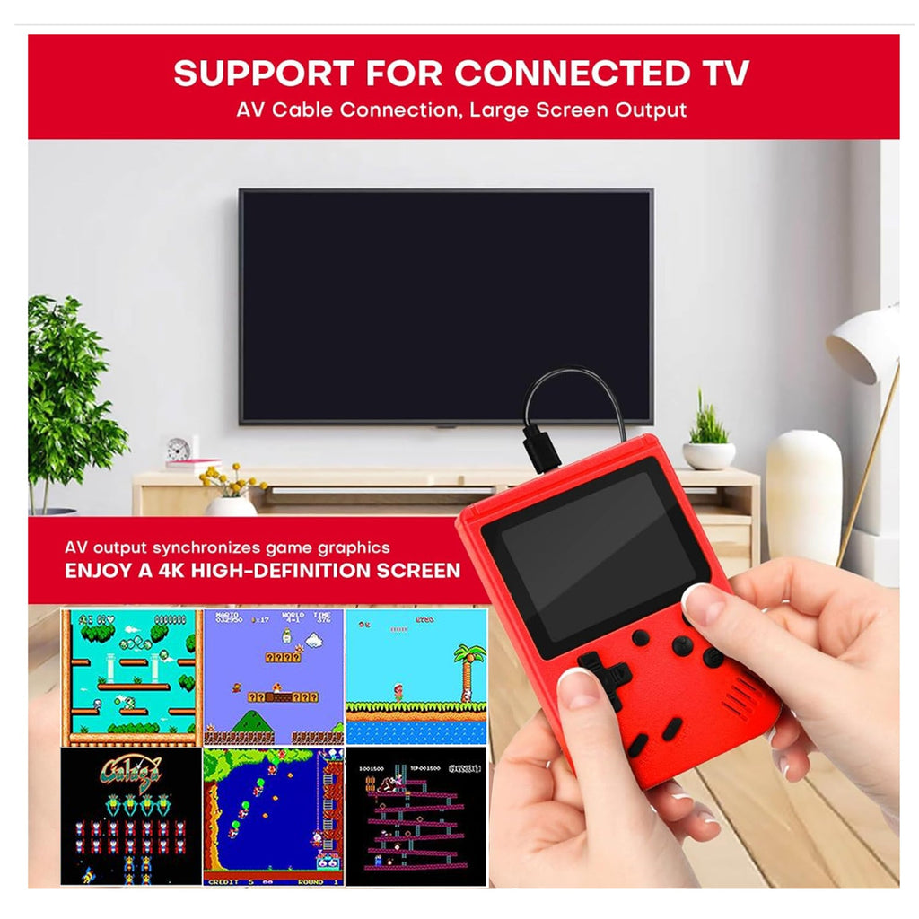 Red handheld console connected to a TV with AV cable, showing retro game screenshots.