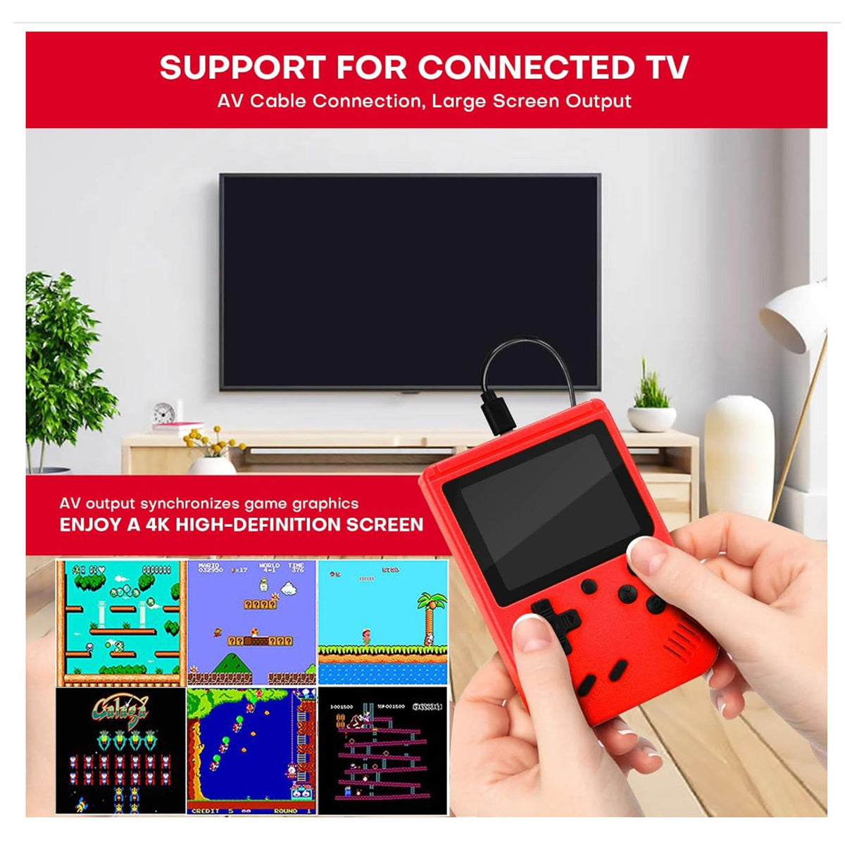 Red handheld console connected to a TV with AV cable, showing retro game screenshots.
