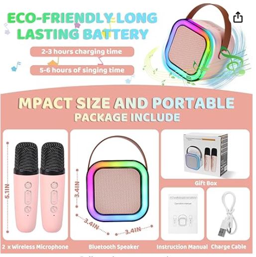 Package contents infographic: two wireless microphones, speaker, gift box, manual, and charging cable.