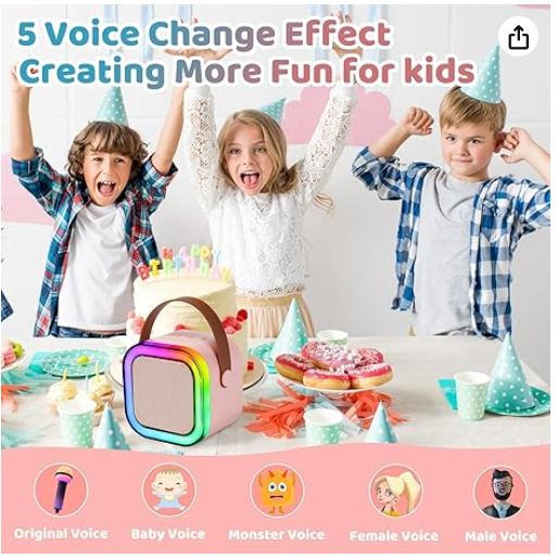 Kids at a birthday party with the karaoke speaker and icons for the five voice-change effects.