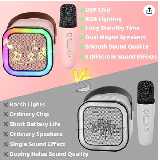 Pink karaoke speaker and microphone compared against a plainer rival with a feature checklist.