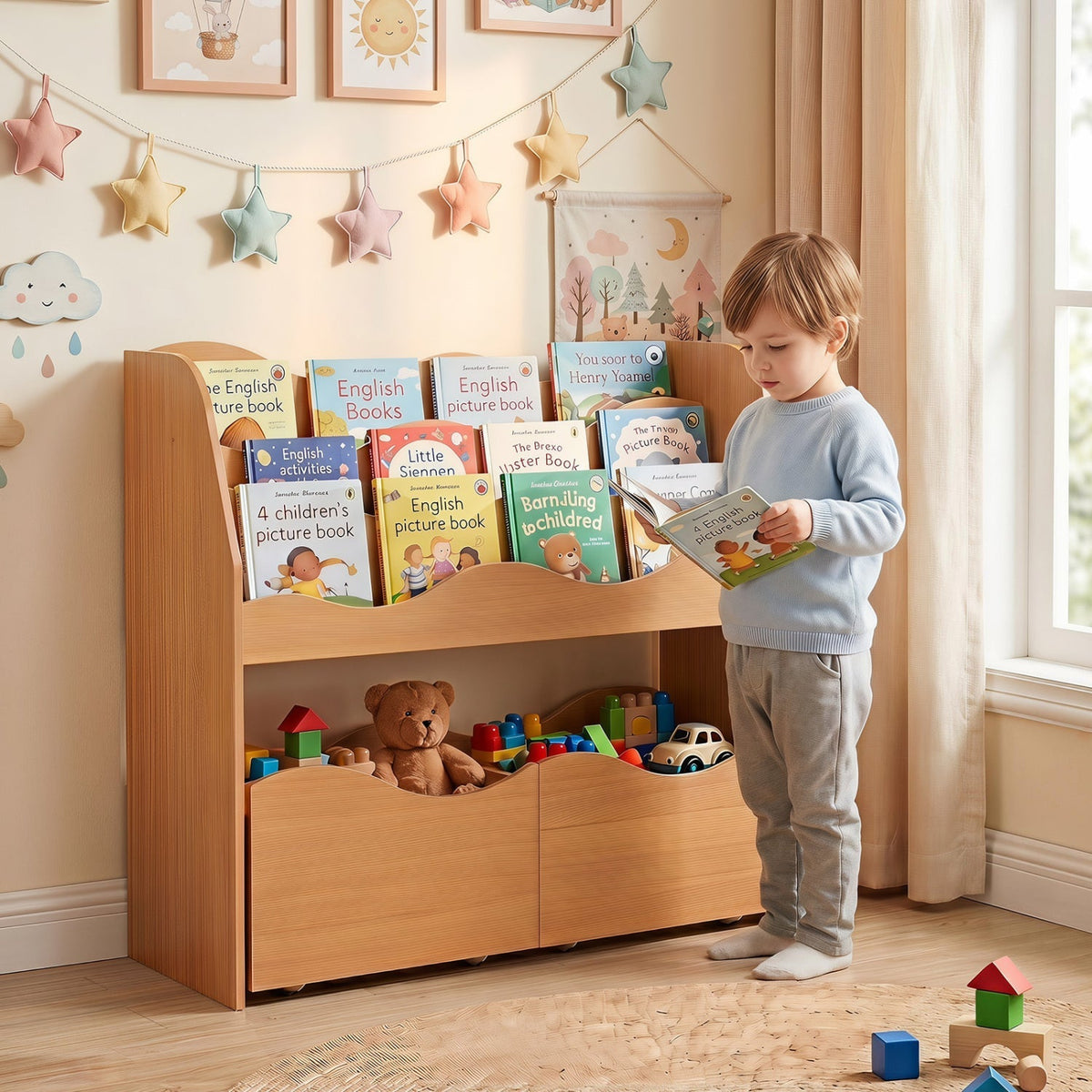Storytime Bookshelf with Rolling Drawers