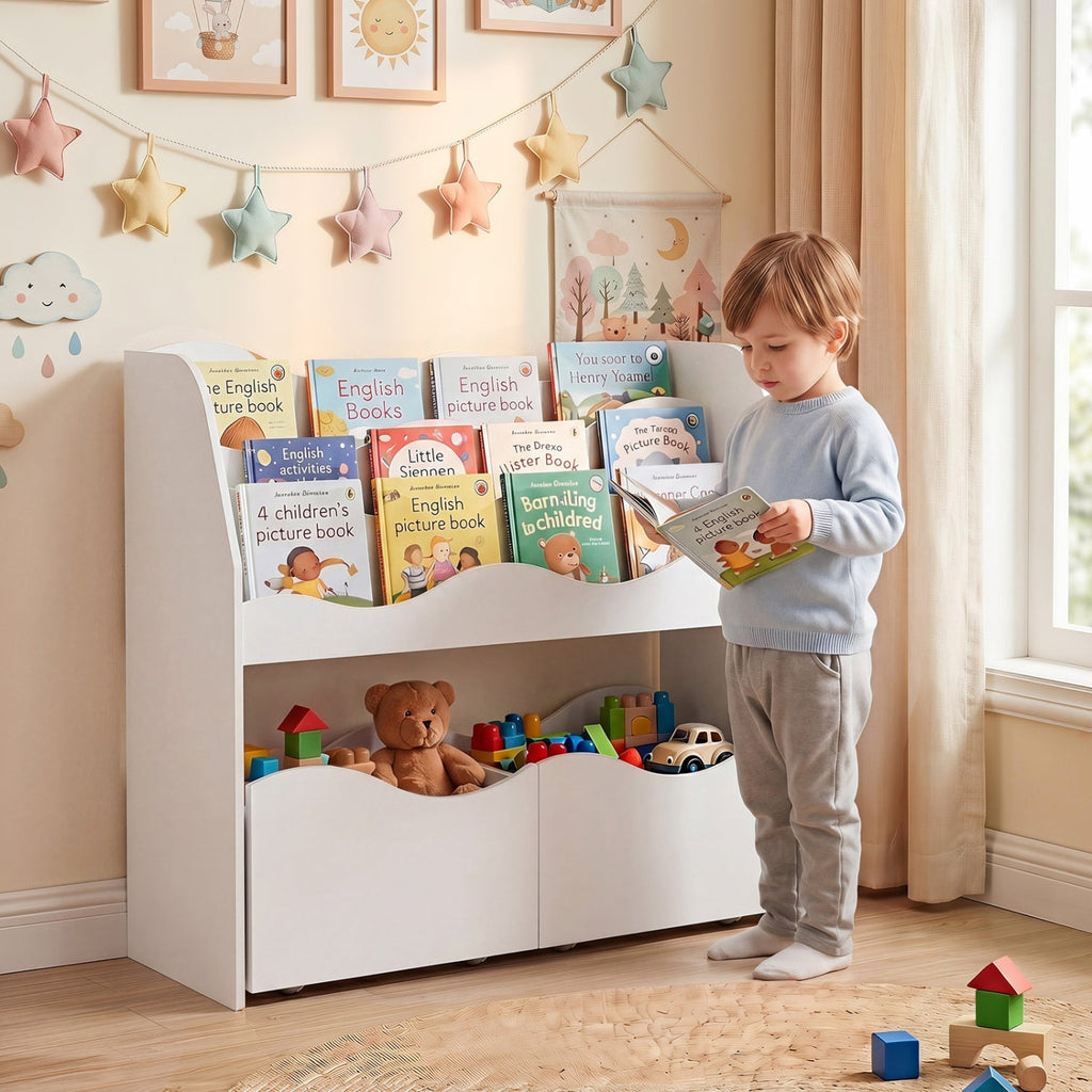 Storytime Bookshelf with Rolling Drawers