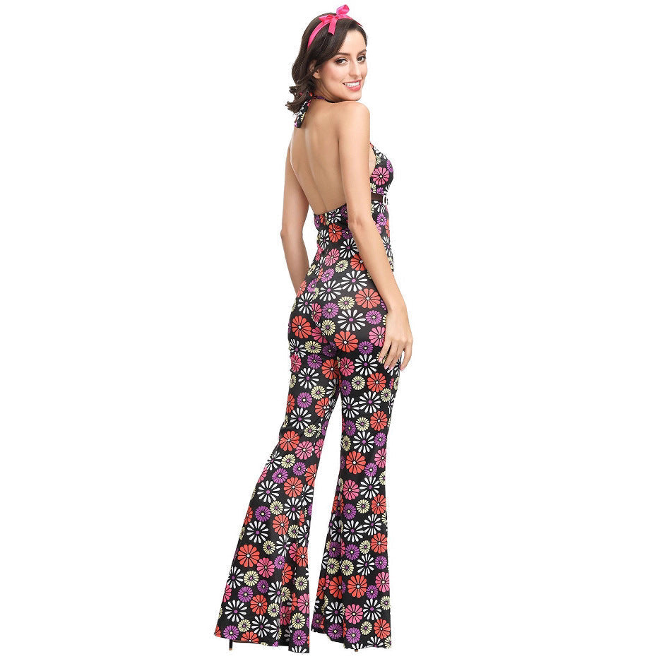 70s Disco Onesie Costume - Vintage Hippie Flower Power Jumpsuit for Couple Show & Theme Parties