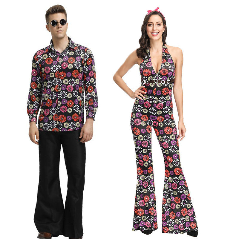 70s Disco Onesie Costume - Vintage Hippie Flower Power Jumpsuit for Couple Show & Theme Parties