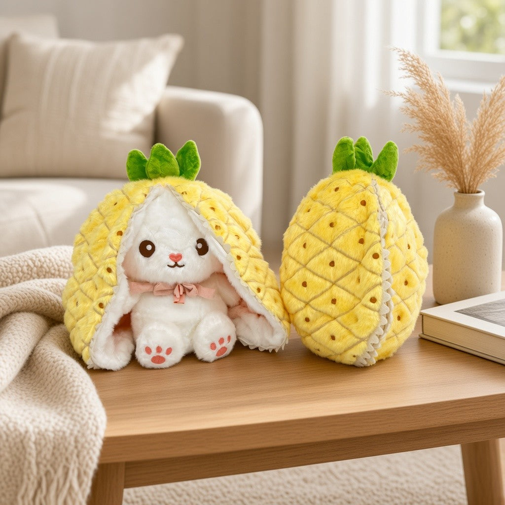 Reversible Strawberry Bunny Plush Toy Soft Polyester Stuffed Animal for Kids Hide and Seek Transforming Toy