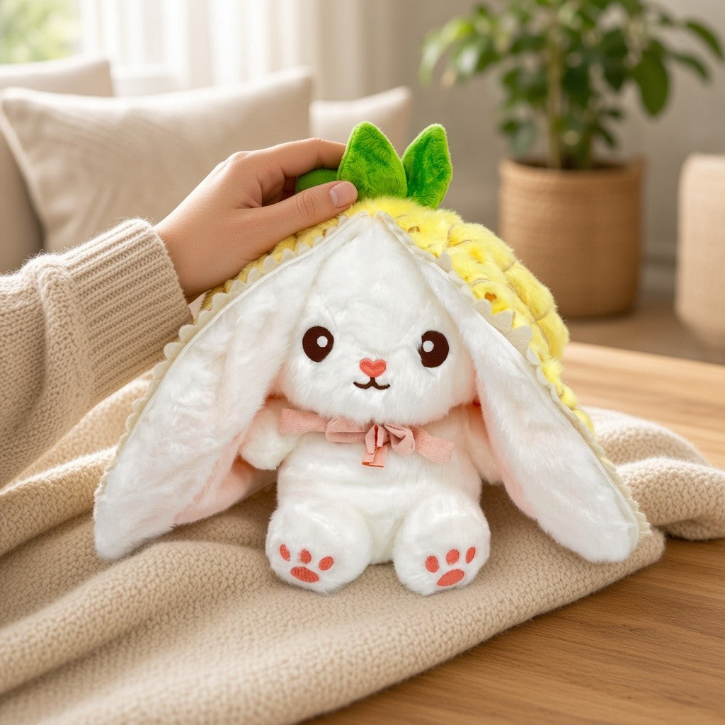 Reversible Strawberry Bunny Plush Toy Soft Polyester Stuffed Animal for Kids Hide and Seek Transforming Toy