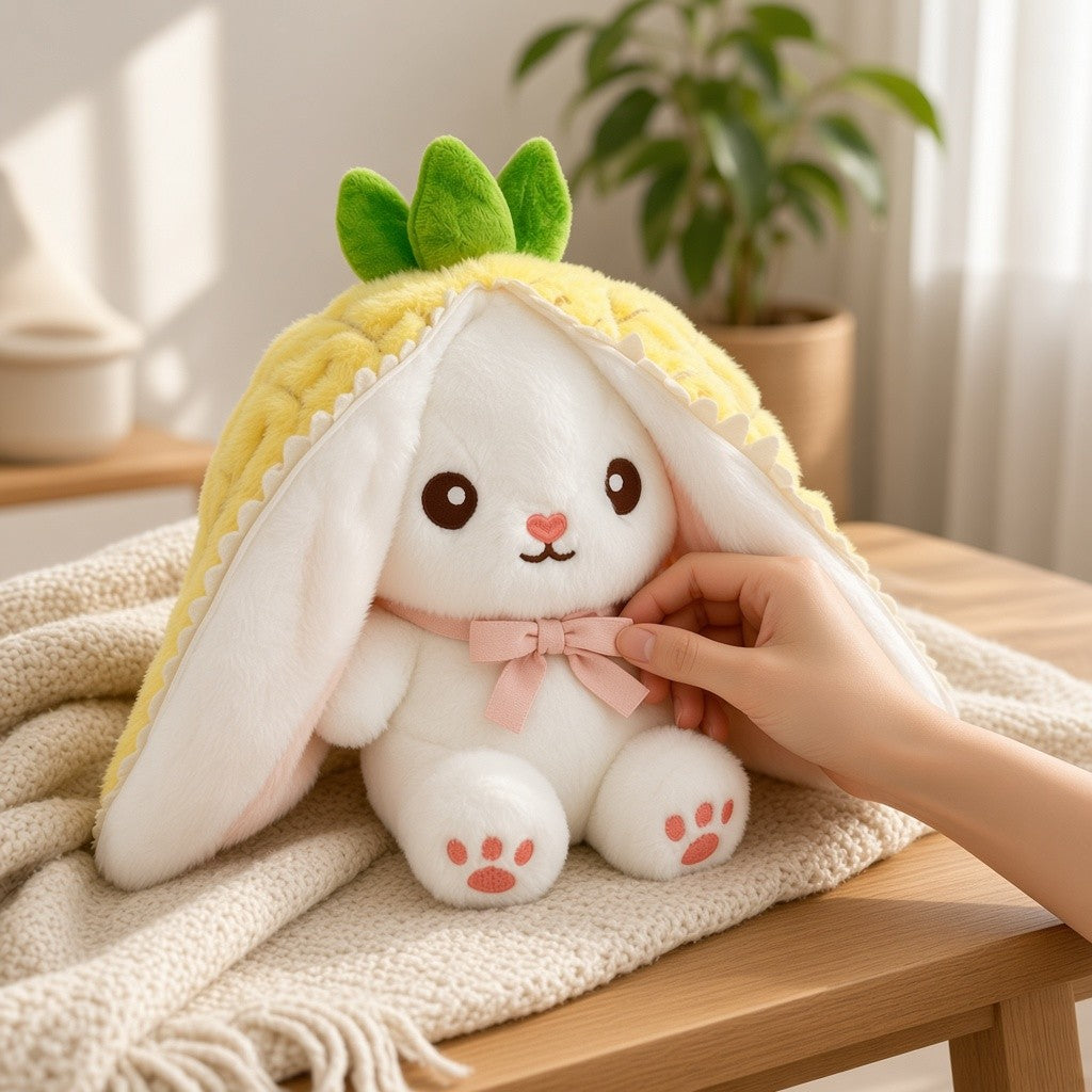 Reversible Strawberry Bunny Plush Toy Soft Polyester Stuffed Animal for Kids Hide and Seek Transforming Toy