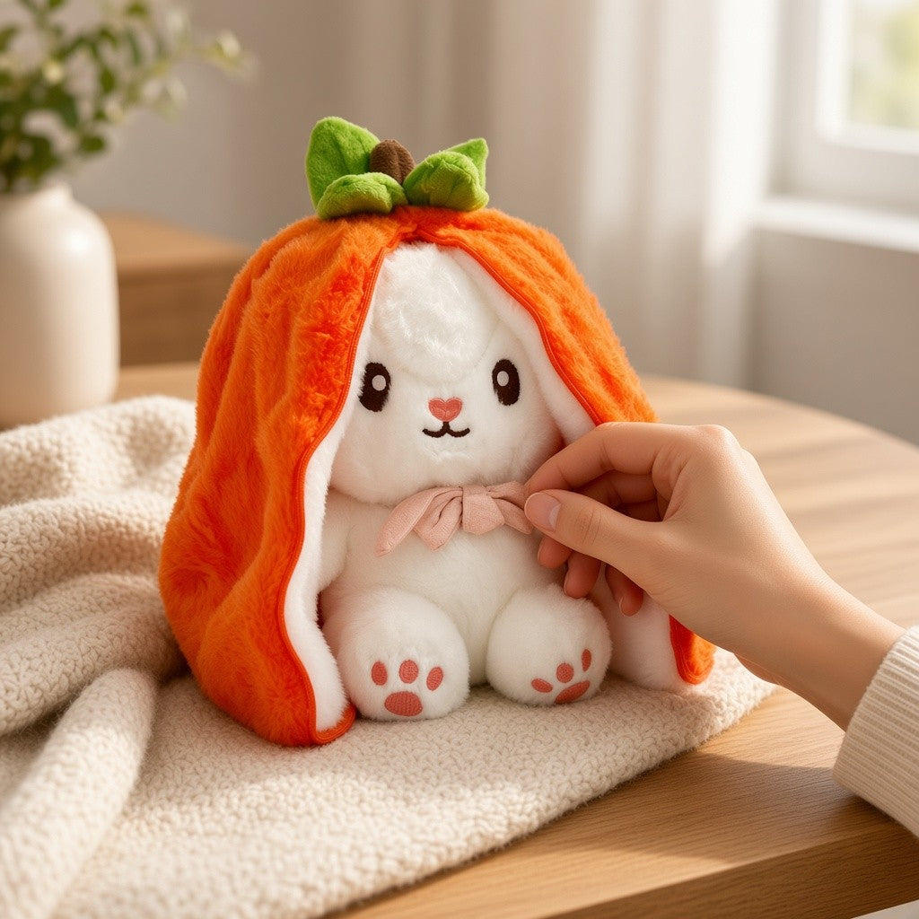 Reversible Strawberry Bunny Plush Toy Soft Polyester Stuffed Animal for Kids Hide and Seek Transforming Toy