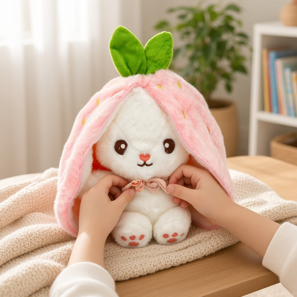 Reversible Strawberry Bunny Plush Toy Soft Polyester Stuffed Animal for Kids Hide and Seek Transforming Toy