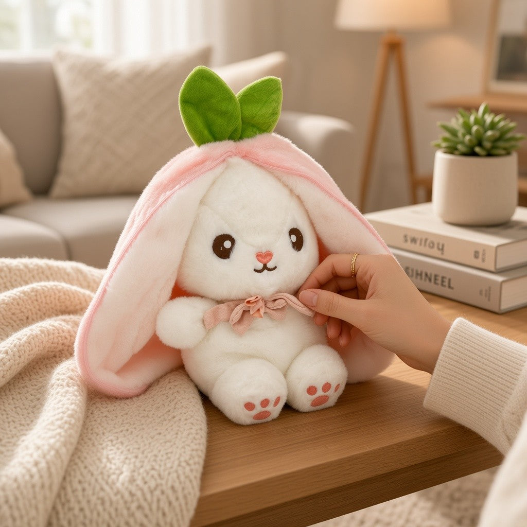 Reversible Strawberry Bunny Plush Toy Soft Polyester Stuffed Animal for Kids Hide and Seek Transforming Toy