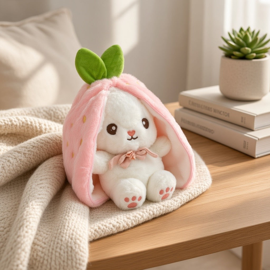 Reversible Strawberry Bunny Plush Toy Soft Polyester Stuffed Animal for Kids Hide and Seek Transforming Toy