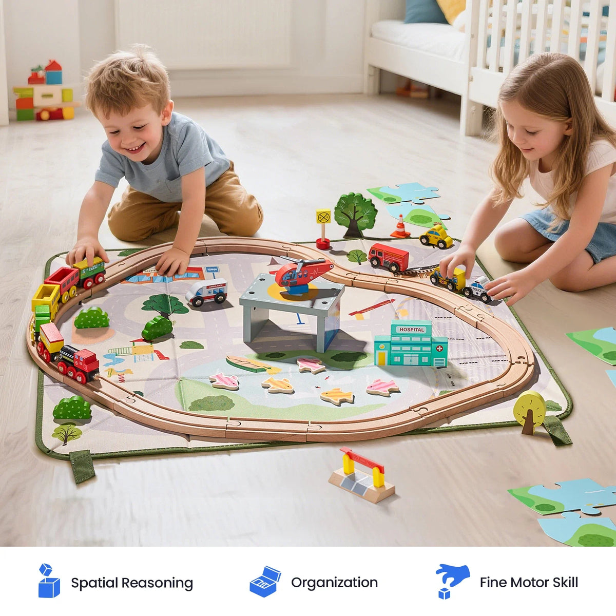 Tiny Land 110-Piece Wooden Train Set with Folding Storage Box — product image 3 of 10