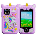 Purple unicorn kids play smartphone showing front screen and back camera with unicorn artwork.