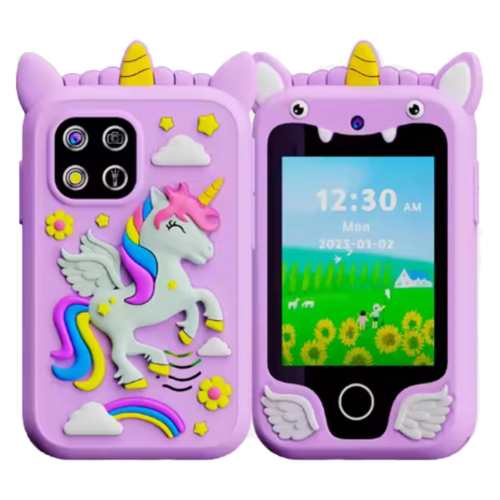 Purple unicorn kids play smartphone showing front screen and back camera with unicorn artwork.