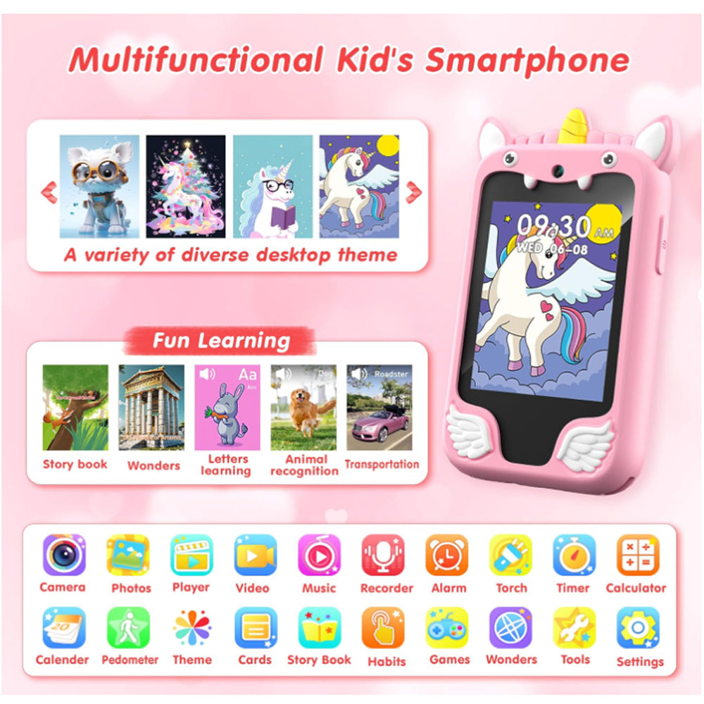 Multifunctional kids smartphone infographic showing themes, learning apps, camera, and games.