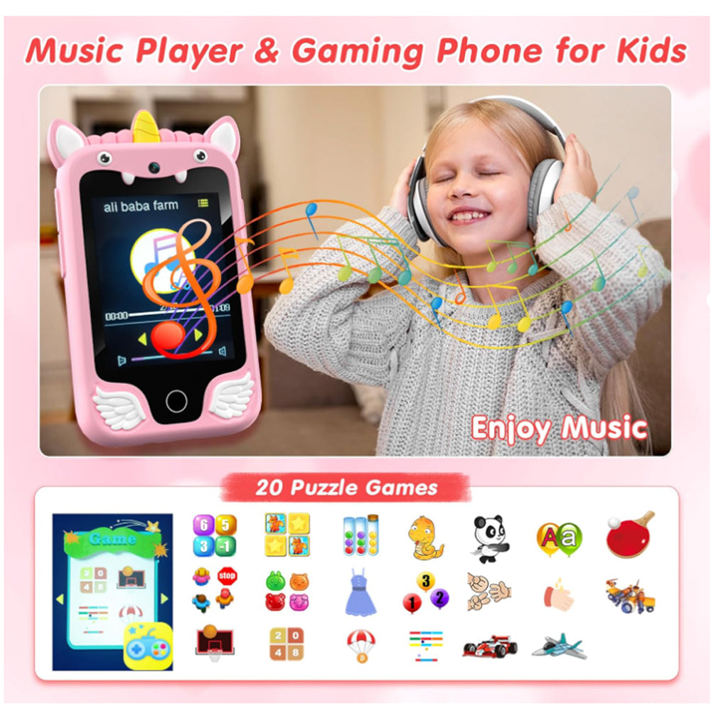 Child with headphones enjoying music on the unicorn play phone with 20 puzzle games shown.