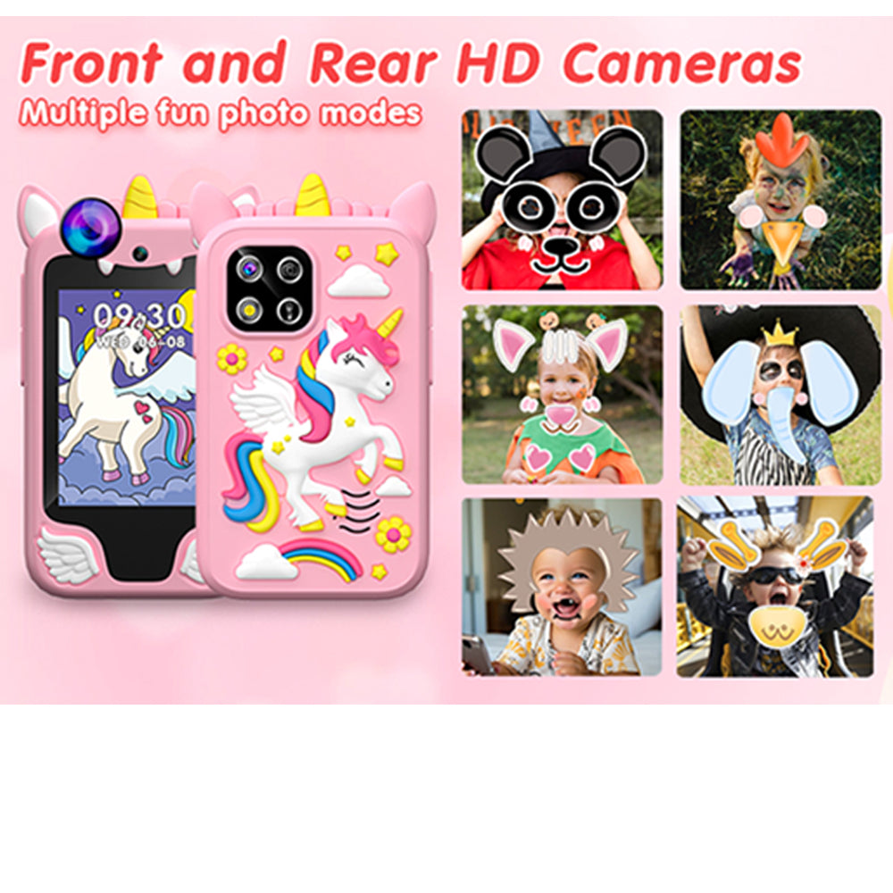Kids play phone cameras with fun photo filter examples shown on six children's photos.
