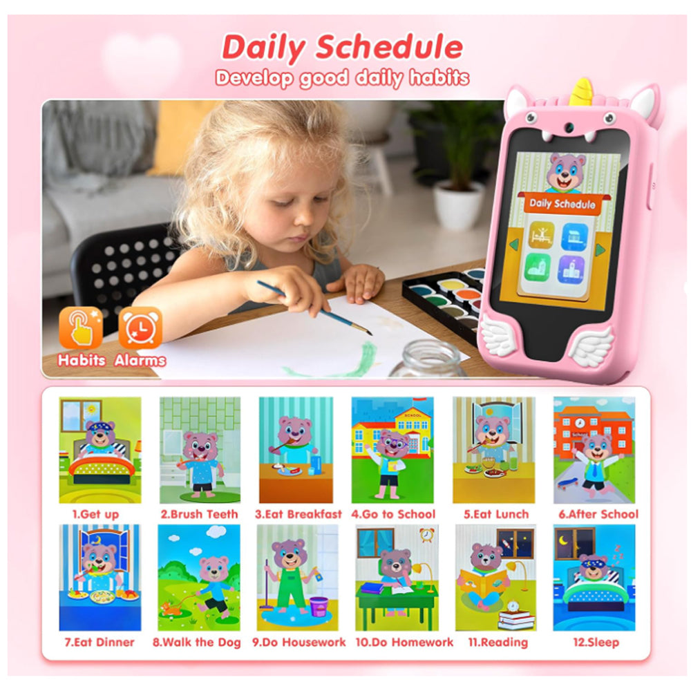 Child using the play phone's daily schedule habit tracker beside a 12-step routine chart.