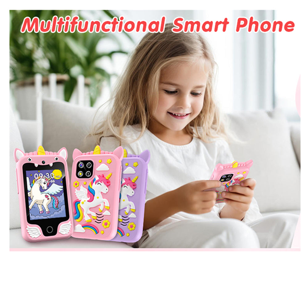 Child holding the unicorn play smartphone with pink and purple case options beside her.