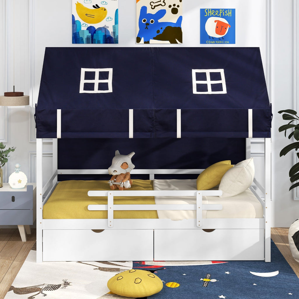 Twin House Bed with Tent and 2 Storage Drawers for Kids-White