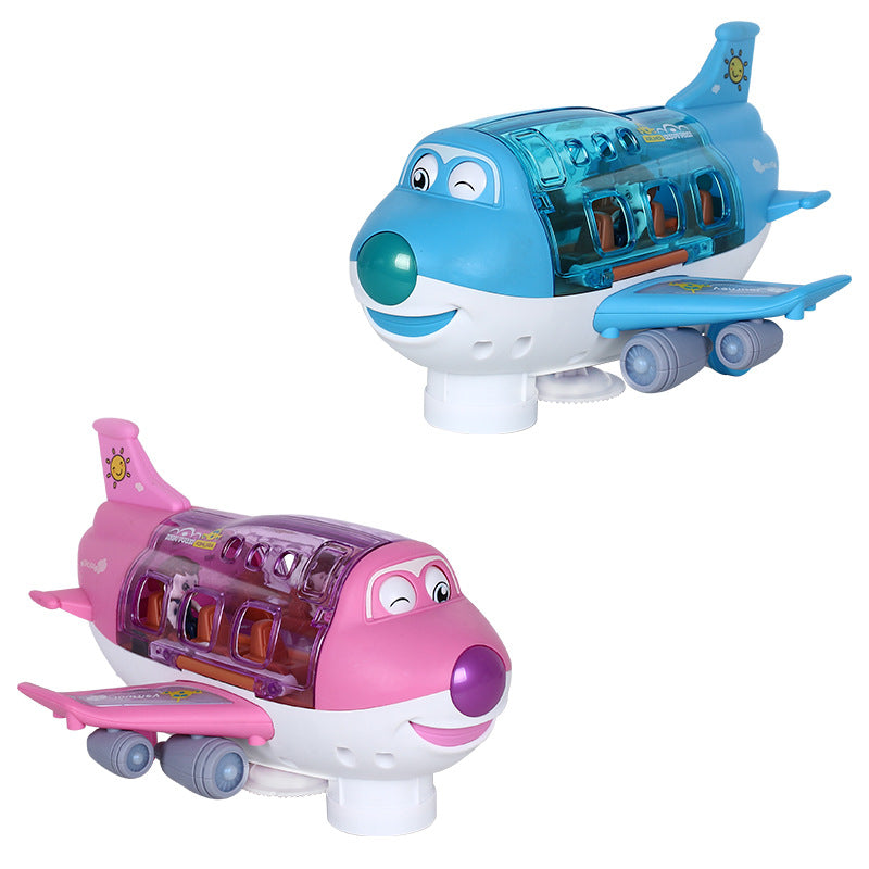 Side view of the cartoon toy airplane showing the transparent shell and tiny figures