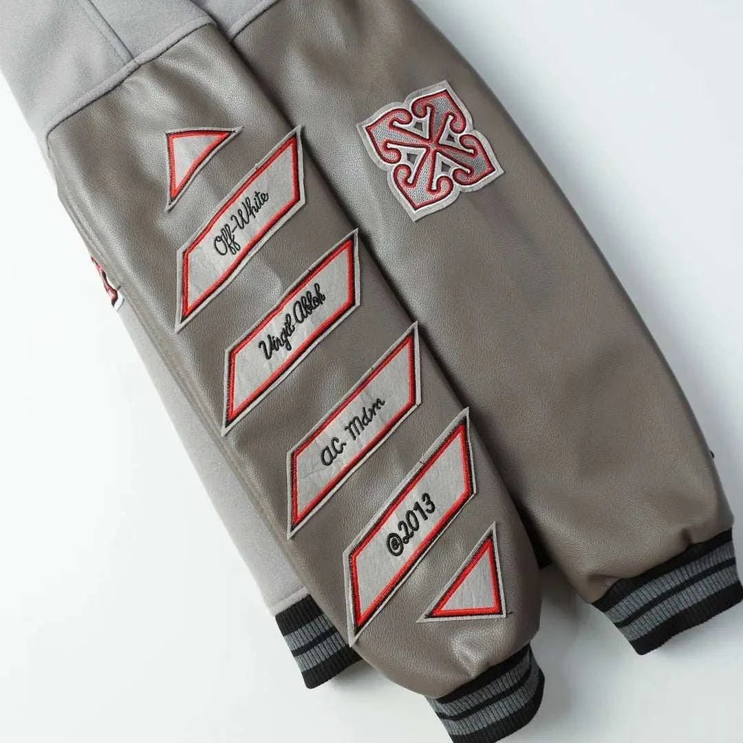 AC Milan Off-White Gray Varsity Wool Jacket - Maven Couture Inc