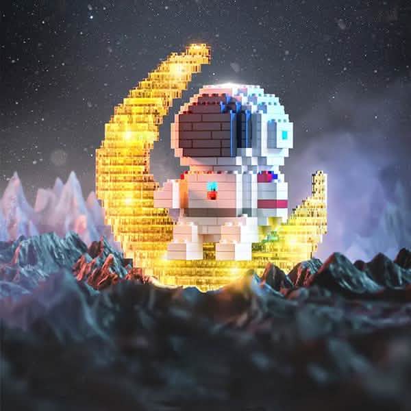 Micro block astronaut standing on a glowing crescent moon against a starry backdrop.